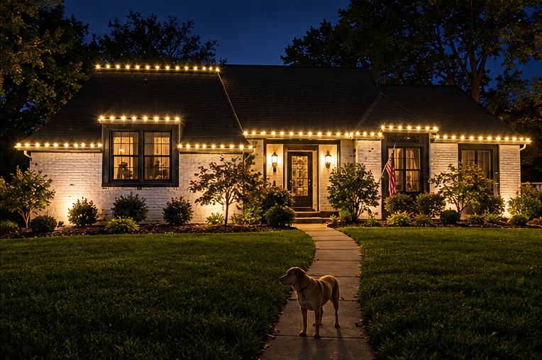 Warm white Christmas light installation on a white brick home
