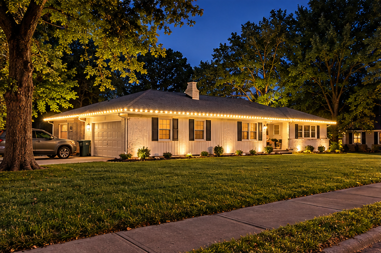 Roofline Christmas lights and uplighting on a ranch home