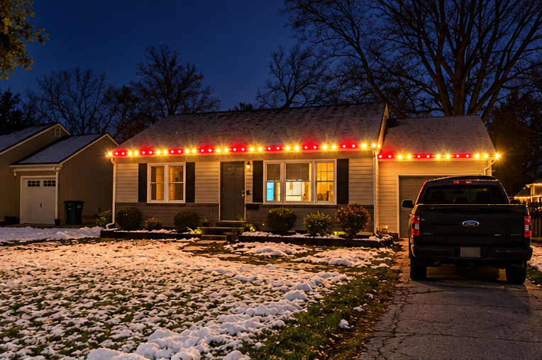 Red and white Christmas lights on a ranch home