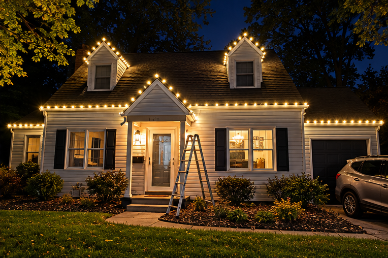 Warm white Christmas lights on a two-story home